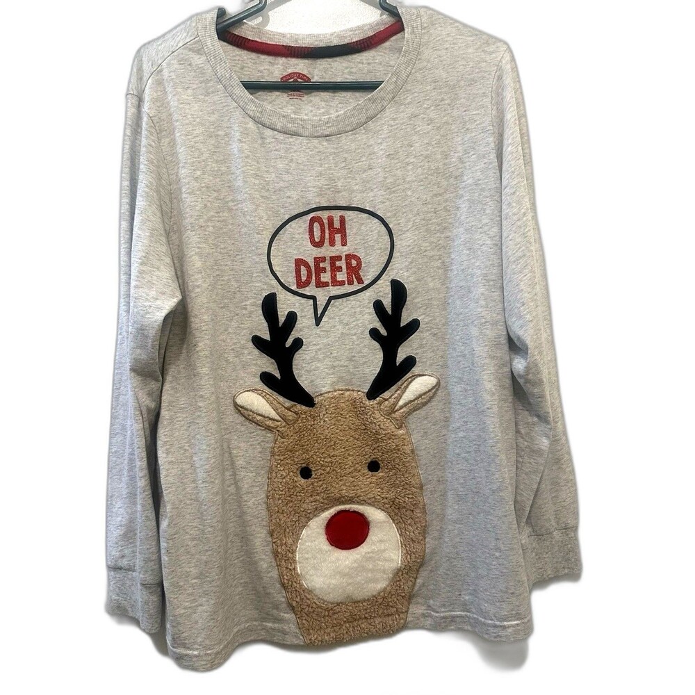 Holiday Time Womens OH DEER Shirt Reindeer Raised 3D Design Grey Size XL